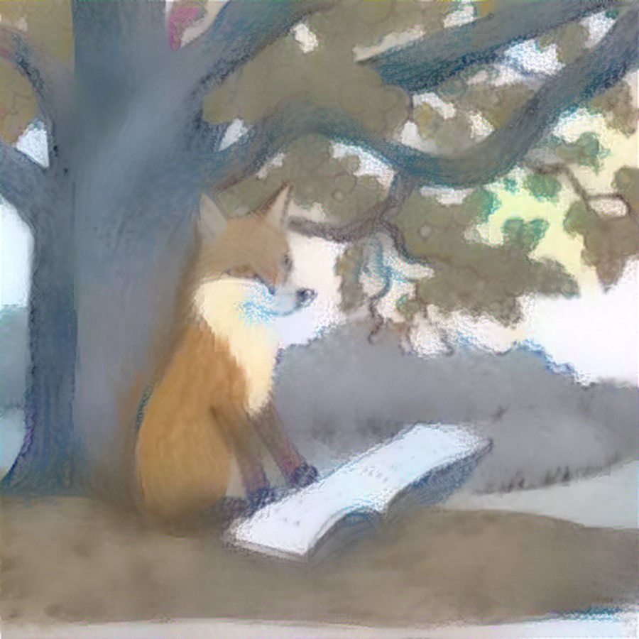 a fox reading a book under a tree — painted in the artist's style