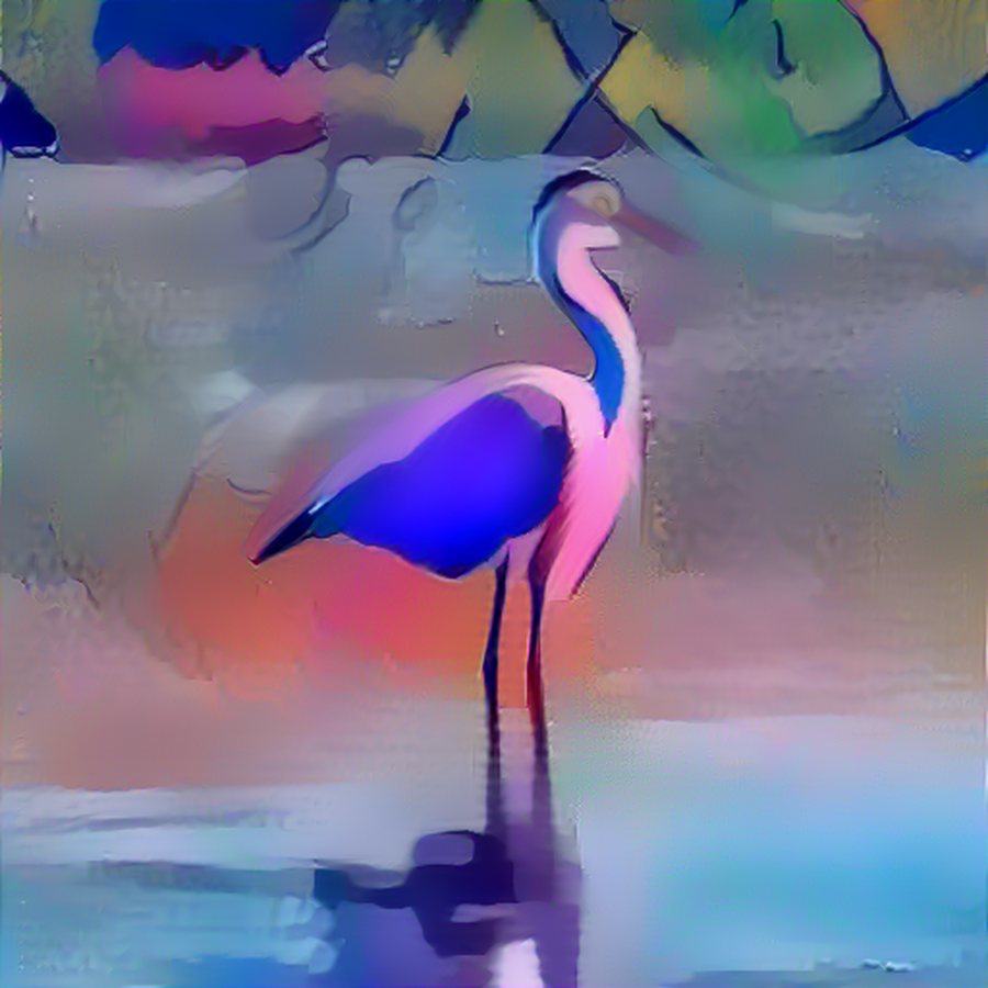 a heron standing in shallow water at dawn — painted in the artist's style